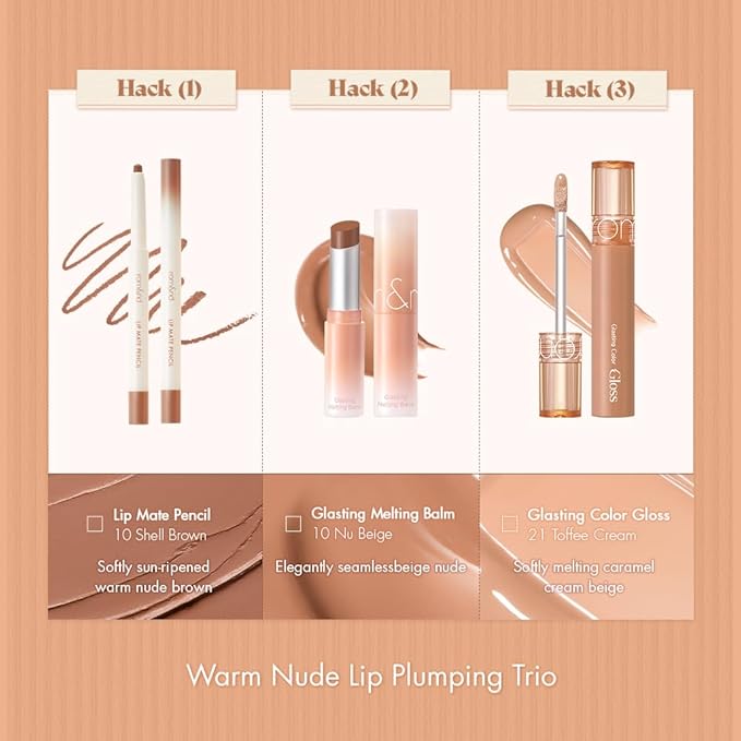 rom&nd Volume Hack Trio Lip Plumping Set - Toffee Nude Edition - 3-Step Liner, Balm & Gloss for Full, High-Shine Pout
