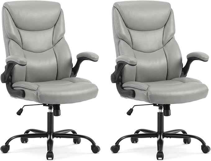 DUMOS Office Chair Set of 2 - Ergonomic Executive Computer Desk Chairs with Adjustable Flip-up Armrest, Swivel Task Chair with Lumbar Support, Strong Metal Base, PU Leather, Grey