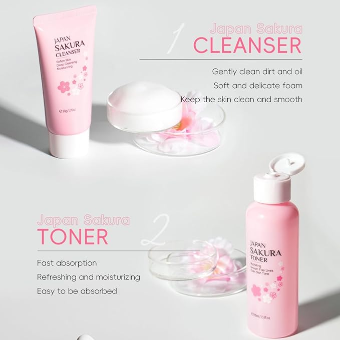 Skin Care Sets for Teenage Girls, Sakura Skin Care Sets & Kits Women Beauty Gift Set with Cleanser, Mud Mask, Toner, Serum, Eye Cream, Facial Cream, and Sunscreen, Birthday Gift for Women and Girls