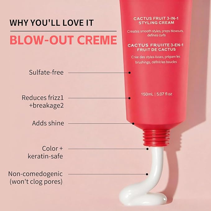 Cactus Fruit 3-In-1 Styling Cream - Smooth Styles, Prep Shiny Blowouts, Defines Curls (5.07 oz.), No Chemical Flavors Fly Away Hair Tamer.