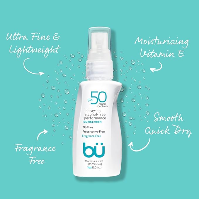 BU SPF 50 Sunscreen Spray for Face and Body, 2-Pack with 3.3 oz Fragrance Free and 1 oz White Sage, Clear, Non Greasy, Water Resistant