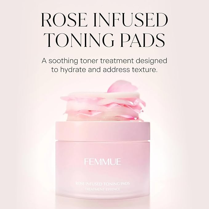 FEMMUE Rose Infused Face Toning Pads (60 Pack) | Daily Exfoliating Toner Cotton Rounds with Rose Water | Korean Skin Care