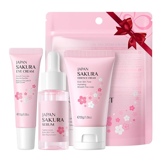 Skin Care Sets for Teenage Girls, Sakura Skin Care Sets & Kits Women Beauty Gift Set with Cleanser, Mud Mask, Toner, Serum, Eye Cream, Facial Cream, and Sunscreen, Birthday Gift for Women and Girls