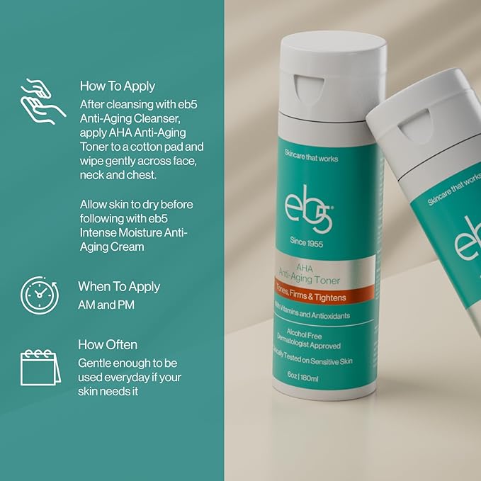 eb5 Aha Anti-Aging Facial Toner with Vitamins and Antioxidants, Tones, Firms & Tightens, Alchohol-Free, Clinically Tested on Sensitive Skin (6 fl oz)