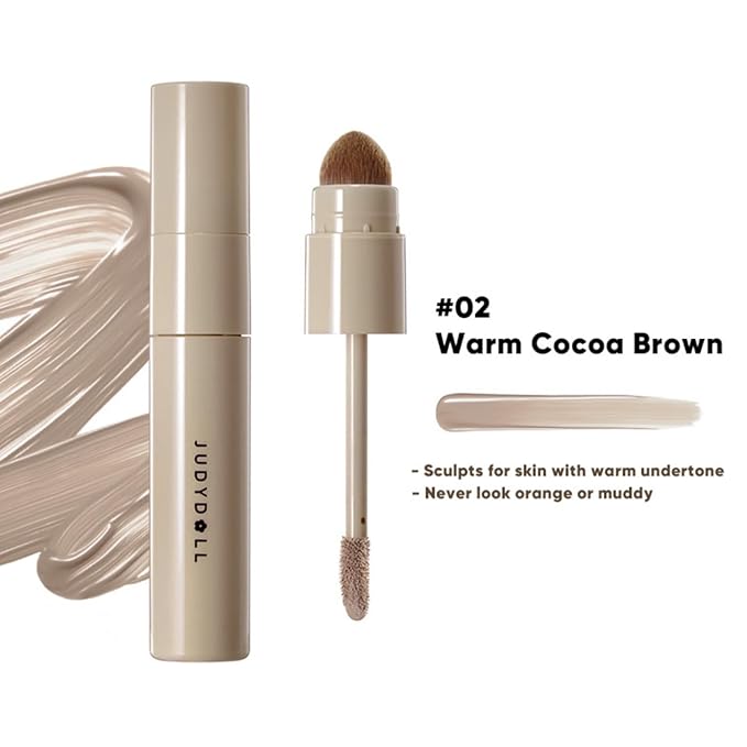 JUDYDOLL Liquid Contour & Highlighter, Face Sculpting Liquid Highlighter & Contour With Brush, Anti-Smudge & Brightening, Long-Lasting, Sculpts for Skin with Warm Undertone (02 Warm Cocoa Brown)