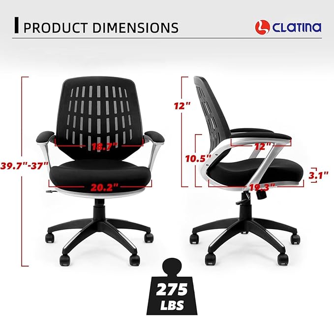 CLATINA Ergonomic Office Chair, Mesh Mid Back Swivel Task Chair with Adjustable Height, Comfortable Thickened Seat Lumbar Support Home Computer Desk Chair for Home Working Study Gaming, Black