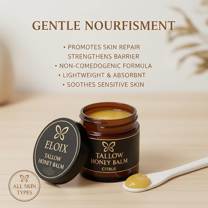 Tallow Honey Balm, Beef Tallow for Skin, Organic Grass Fed Beef Tallow Balm with Raw Honey, Moisturizing Cream for Soft, Natural Body Moisturizer for All Skin Types