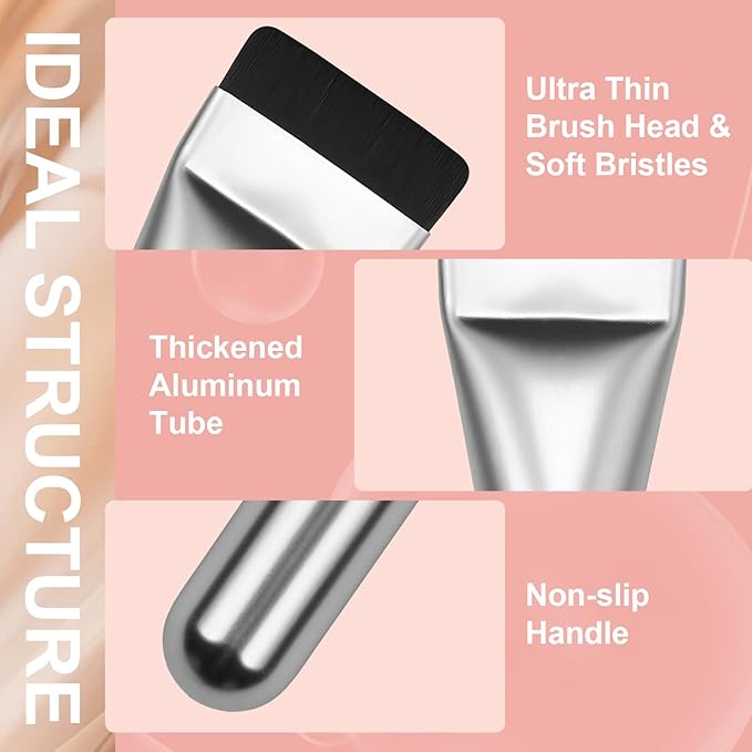 Flat Foundation Brush with Puff, Beautyfactor Ultral Thin Spatula Makeup Brush with Sponge for Liquid Makeup | Fast Flawless Korean Kabuki Brushes for Blending, Liquid, Cream, Blush, Buffing （Silver）