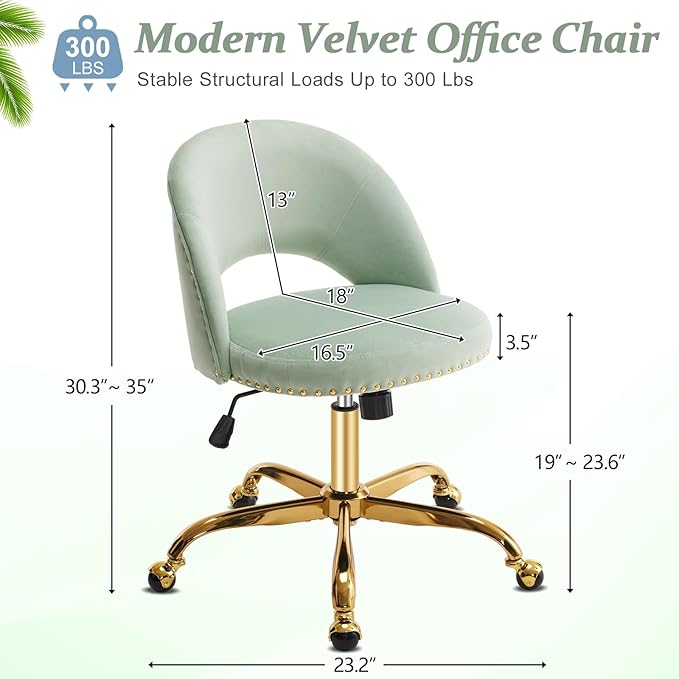 VINGLI Modern Velvet Small Office Chair,Cute Desk Chair with Wheels,Gold Base/Studs, Comfy Armless Swivel Vanity Task Chair for Women/Girl/Kids, Nail Tech Chair for Bedroom,Small Space,Mint Green