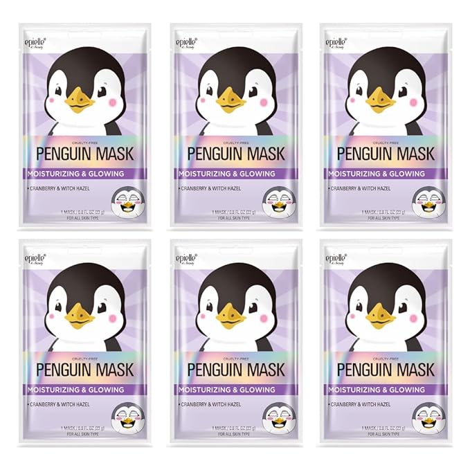 Epielle Character Face Mask Penguin 6 Pack, Fun & Effective Korean Skin Care, Spa Party Favors, Stocking Stuffers, Birthday Gifts for Women, Self Care Gifts