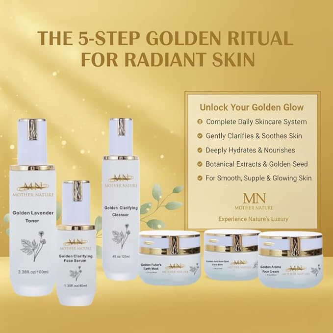 MN Mother Nature Golden 5-Piece Skincare Set – Clarifying Cleanser, Lavender Toner, Serum, Fuller's Earth Mask & Aroma Cream – Botanical Extracts for Smooth, and Glowing Skin – Daily Hydration Routine