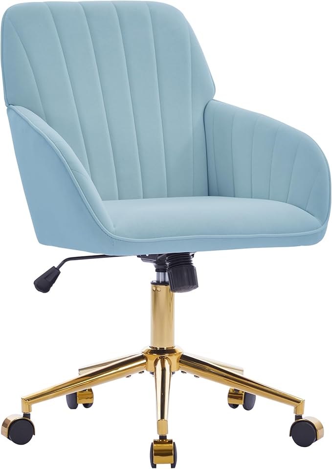 Velvet Home Office Desk Chair, Modern Cute Computer Task Chair with Back, Height Adjustable Upholstered Vanity Chair with Swivel Wheels for Women, Girls (Gold Base, Light Blue
