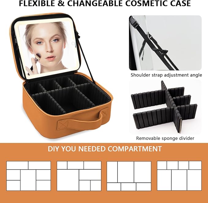 Makeup Bag with Led Mirror,Large Vanity Makeup Cases with 3 Color Setting,Portable Storage and Adjustable Dividers,for Women and Makeup Artists Cosmetic Organizer Travel Makeup Bag-Light Brown