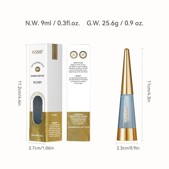 KISSIO PLUMP Lip Plumper,0.3 fl oz (9 ml),Maximum Plump with Ginger and Peptides,Extreme Lip Plumper,Hydrating and Plumping,Lips Line Care,Lips Gloss,Master | Large capacity, Powerful plumping