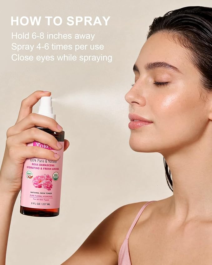Organic Rose Water Spray for Face, 8 Fl Oz Fine Mist, Rosewater Face Mist with 100% Pure & Natural Rosa Damascena Rose Hydrosol, USDA Certified Organic, Alcohol Free, Vegan, No Dyes