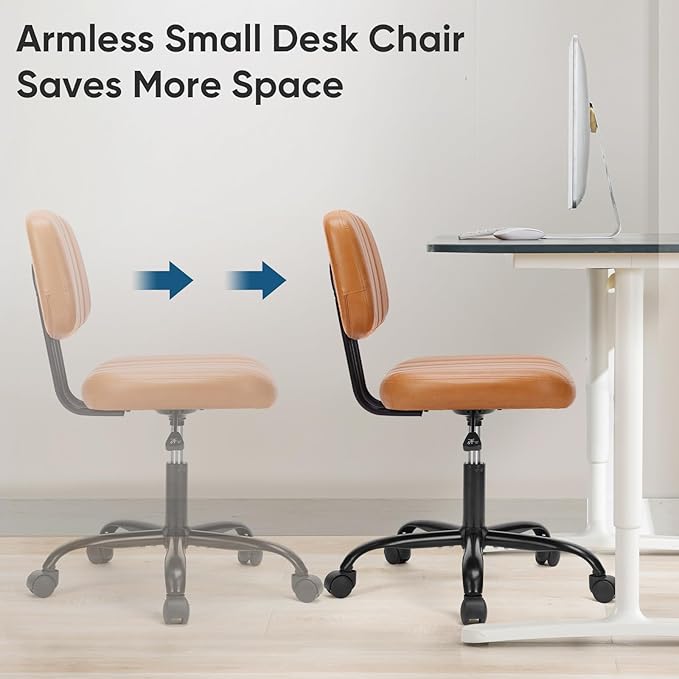DUMOS Small Office Desk Chair - Armless PU Leather with Comfy Lumbar Support, Height Adjustable Rolling Swivel Task for No Arms, for Adult, Student, Bedroom, Home, Vanity, Brown