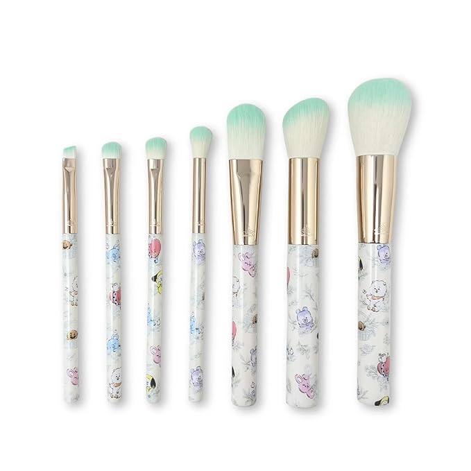 Impressions Vanity with BT21 7 PC Makeup Brush Set with Super Soft Synthetic Bristles, Aluminum Ferrule BT21 Natural Garden Design Plastic Handle Makeup Brushes for Foundation, Face Powder