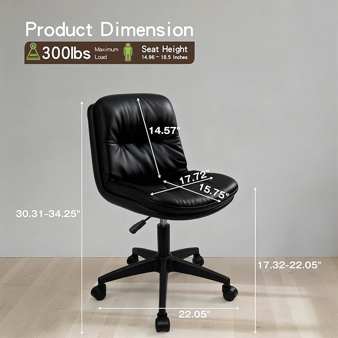 Office Chair, Ergonomic Desk Chair with Padded Cushion & Backrest, Adjustable Height & 360° Swivel, Armless Task Chair for Home Office, Computer Desk & Vanity Black