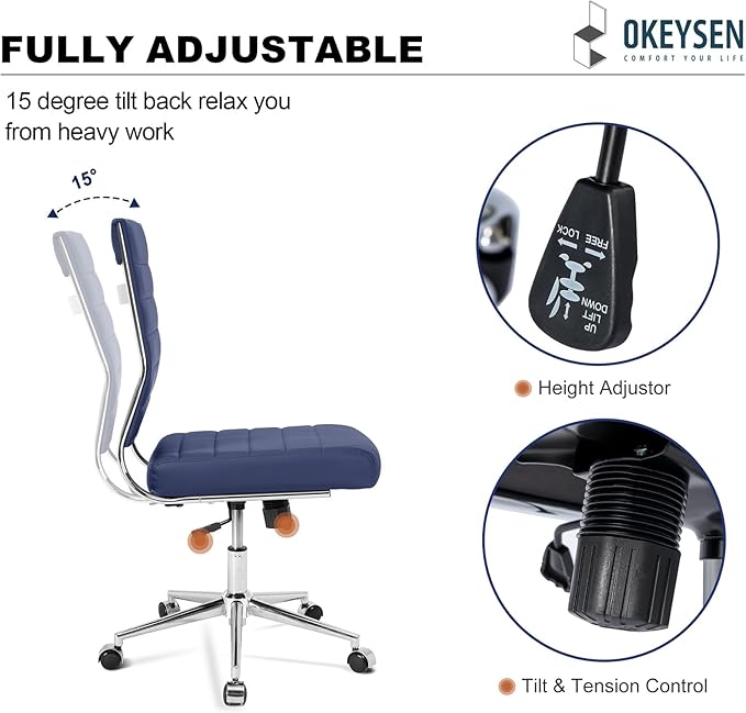 Okeysen Armless Office Desk Chair, Mid Back Ergonomic Swivel Conference Room Chair, Adjustable Height PU Leather Home Desk Chair, Modern Small Rolling Computer Task Chair, Navy Blue
