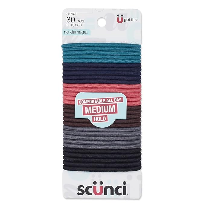 Scunci by Conair No Damage Effortless Beauty Large Multicolor Hair Ties Elastics for Women and Men, Elastic Hair Ties with No Damage in Assorted Neutral Colors, 30 Pack