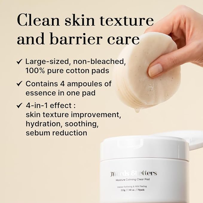 [3W8L] Moisture Calming Clear Pads 70 counts | Vegan Toner Pad For All Skin Types | Gentle Facial Peels & Resurfacing Treatment | Korean Skin Care | k-beauty | 3Words 8Letters