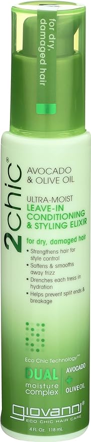 GIOVANNI 2chic Ultra-Moist Leave-In Conditioning Styling Elixir - Smoothes Frizz Prevents Breakage, For Dry & Damaged Hair, Avocado & Olive Oil, Enriched with Aloe Vera, Shea Butter - 4 fl oz