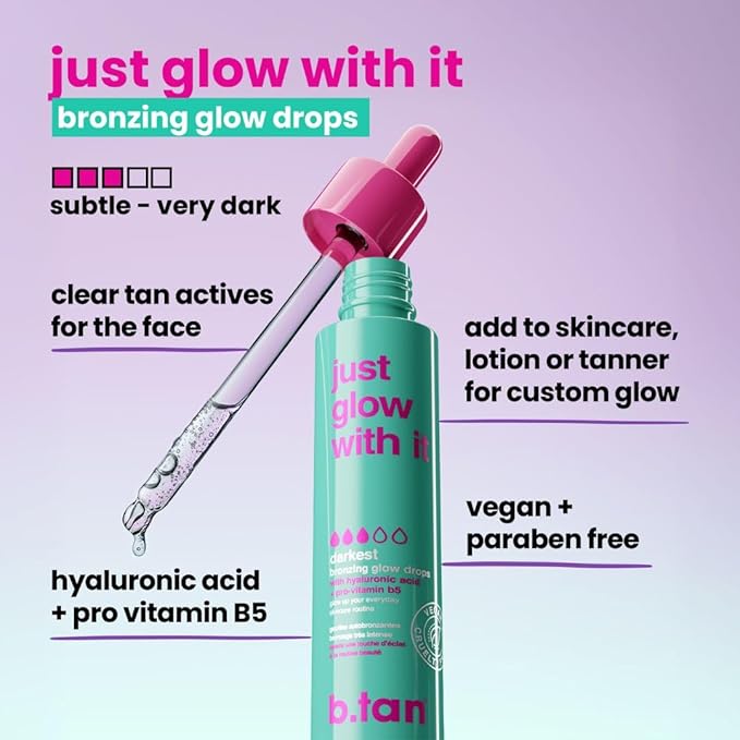b.tan Dark Self Tanning Drops for Face & Body | Just Glow With It - Gradual Fake Tan Bronzing Serum Drop, Tanner Infused with Hydrating Skincare, Hyaluronic Acid, Men & Women, 1.3 Fl Oz
