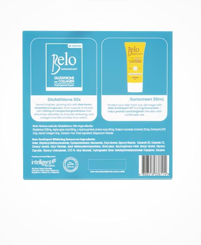 Belo Bundle – Glutathione with Collagen Capsules (30 Count) + SPF 50 PA+ Facial Sunscreen 30ml