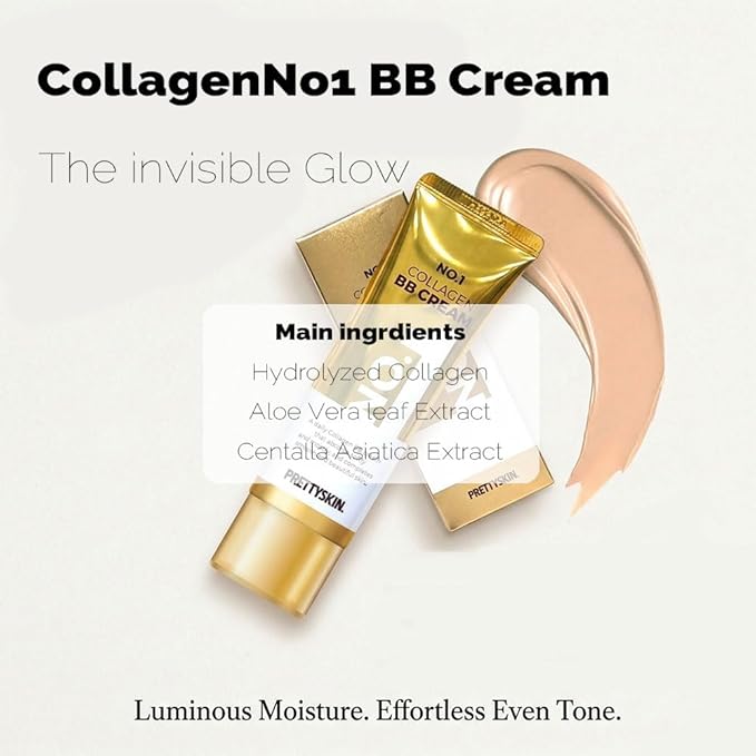 PRETTYSKIN Collagen BB Cream – Hydrating Korean Makeup Base for Natural Glow & Smooth Appearance – Lightweight Daily Face Tint with Hydrolyzed Collagen & Botanical Extracts (1.69 fl.oz.)