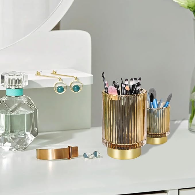 Vintage Makeup Brush Holder Organizer,Dresser Glass Brushes Holder,Vanity Cosmetic Brush Holder,Desktop Crystal Eyeliners Eyebrow Pencil Storage Cup Holder for Countertop (Large Amber)