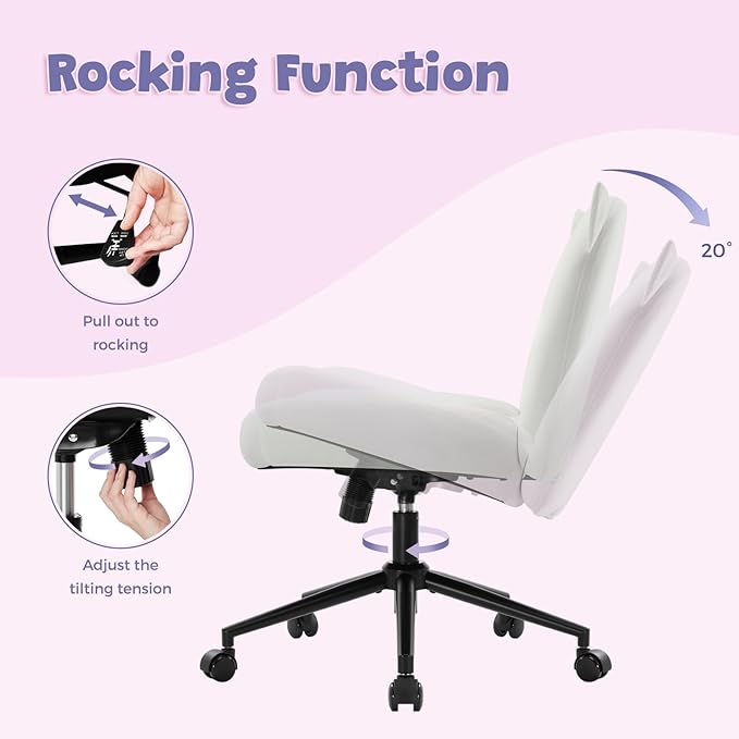 IWMH Armless Office Desk Chair with Wheels,Ergonomic Criss Cross Legged Computer Chair with Fabric Padded, Height Adjustable Wide Seat Vanity Chair,Mid Back Task Chair for Home (White cat)