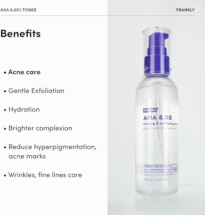 FRANKLY AHA 8.05% Toner | Pore-Refining Exfoliator with Glycolic Acid, 17 Amino Acids, Hyaluronic Acid | Smooths Texture, Hydrates, Targets Flakiness | Korean Skin Care 3.38 fl oz