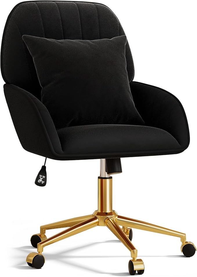 Home Office Desk Chair Comfy with Adjustable Swivel Wheels, Modern Velvet Makeup Vanity Chair with Back & Pillow, Ergonomic Office Chair Computer Task Chair for Living Room, Bedroom, Black