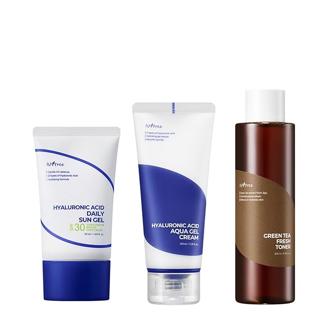 ISNTREE Hyaluronic Acid Daily Sun Gel 50ml, 1.69 fl oz + Hyaluronic Acid Aqua Gel Cream 100ml, 3.38 fl oz + Green Tea Fresh Toner 200ml, 6.76 fl oz