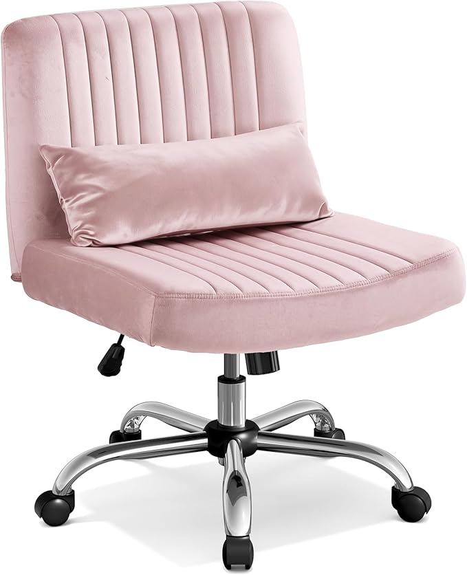 Velvet Criss Cross Chair with Wheels, Luxury Cross Legged Office Chair, Comfy Desk Chair for Home Office, Wide Seat Computer Chair, Armless Vanity Chair, Birthday Gift for Girls & Women, Pink