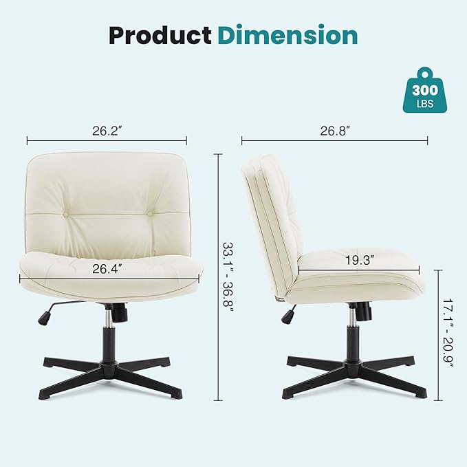 OLIXIS Criss Cross Chair Without Wheels, Cross Legged Office Chair, Armless Wide Vanity Desk Chair with Comfy PU Leather& Back - Swivel for Home Office Bedroom, Beige