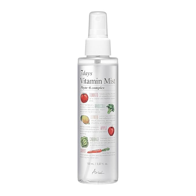 Ariul 7 Days Vitamin Mist 5.07 fl. oz. All Natural Green Graded Nutrients Facial Toner Moisturizing Spray - Biotin, Niacinamide, Riboflavin, Ascorbic Acid, Butylene Glycol, Cyanocobalamin