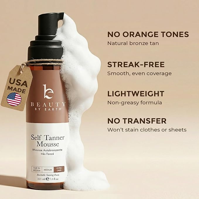 Self Tanner Mousse - USA Made with Natural & Organic Ingredients, Self Tanning Mousse Foam for Ultra Dark Fake Tan, Non Toxic Sunless Tanner for Darkest Streak Free Finish & Natural Looking Tan