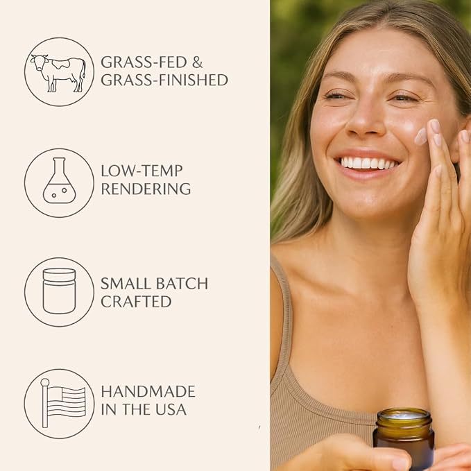 Untamed Organics Pure Tallow 100% Grass-Fed Grass-Finished Beef Tallow Balm For Skin Care - Full Body & Face Moisturizer For Sensitive Skin, Eczema - All-Purpose Pure Tallow Cream (Unscented) 2 oz