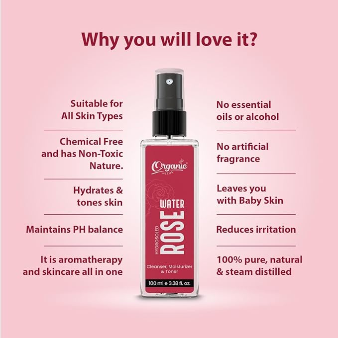 Organic-Need Rose Water – 100ml | Steam Distilled Gulab Jal | Natural Facial Mist & Skin Toner | for All Skin Types | Gentle Hydration & Refreshing Spray