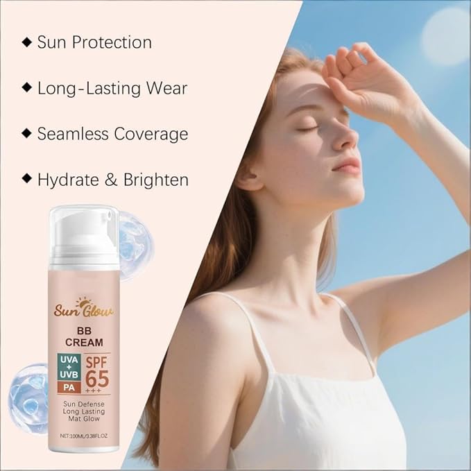 Sun Glow BB Cream Sun Defense Long Lasting Mat Glow, SPF 65, Lightweight Daily Face Sunscreen & Makeup Base, Non-Greasy, Water-Based Formula (2, Pink)