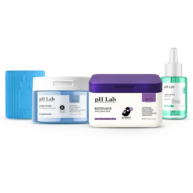 pH Lab Oil Control & Pore Minimizer Skincare Set, Zero Pore Cleansing Bar, Pore Tightening Toner Pad, Retinage Daily Quick Mask, Anti Acne Serum with Azelaic Acid