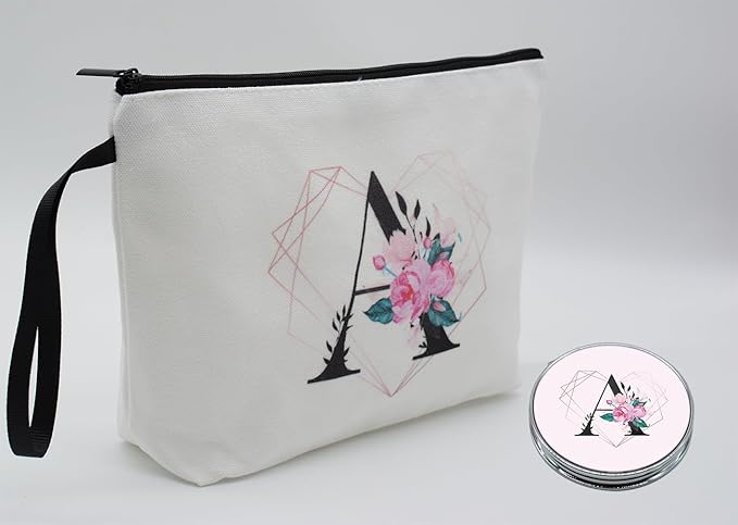 Personalized Initial A floral Makeup Bag set with Mirror for Women,White Ietter Bride Bridesmaid travel Cosmetic bag kit with10 pieces pink brush set,Initial Gifts for Girls Mom femal Friends