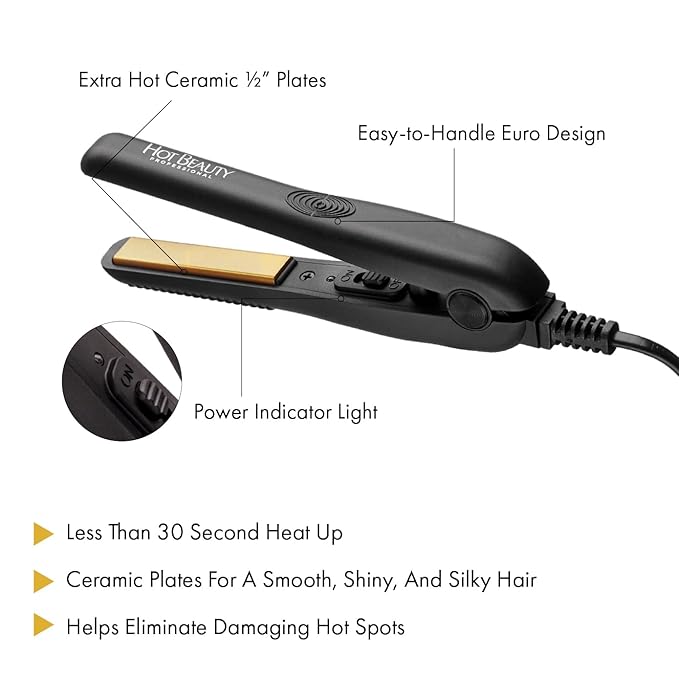 Professional Ceramic Mini Flat Iron 1/2", Anti-Frizz, Fast Heating, Versatile Styling for Curly & Straight Hair, Ideal for Traveling with Travel Pouch (Black)