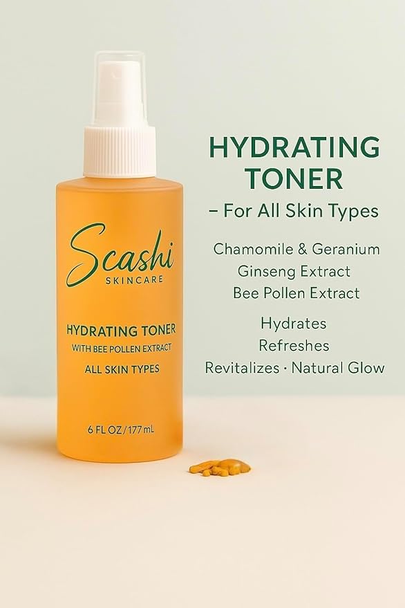 Hydrating Toner with Bee Pollen Extract- All Skin Types. Ginseng, Chamomile, and Geranium (6 fl oz/ 177 ml).