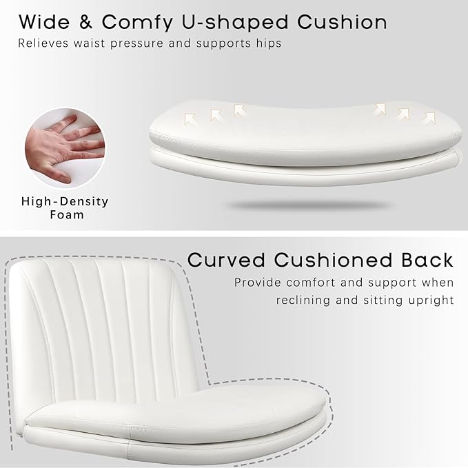PUKAMI Criss Cross Chair,Comfy Cross Legged Office Desk Chair No Wheels,Modern Fabric Swivel Adjustable Height Mid Back Wide Seat for Home Office Computer (Pu White with Wheels)