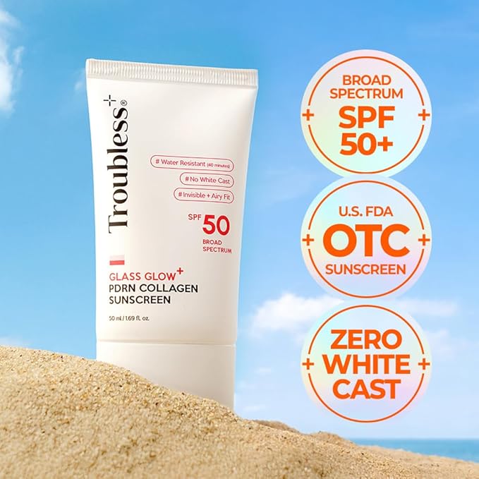 Troubless Glass Glow PDRN Collagen SPF 50 Sunscreen face - Hydrating & Moisturizing Broad Spectrum Sunscreen - Vegan, Lightweight, Non-Comedogenic - Korean Skin Care for All Skin Types 1.69 fl oz