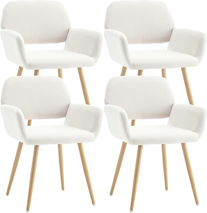 KCC Small Modern Dining Room Arm Chairs Set of 4, Mid-Century Upholstered Velvet Side Seat Club Guest with Metal Tube Legs for Kitchen, Living Room, Beige