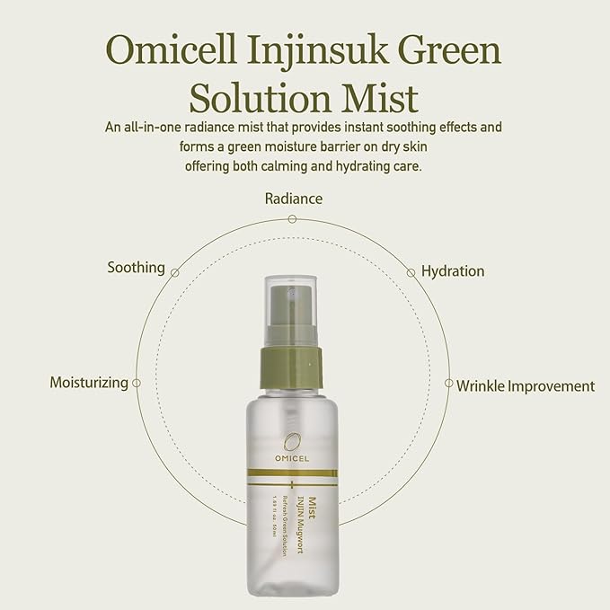 INJIN Mugwort Green Solution Mist (1 Count) - Hydrating Facial Toner Spray for Dewy, Glowing Skin | Moisturizing Makeup Setting Mist | Hemp Stem Extract, Bifida Ferment Lysate