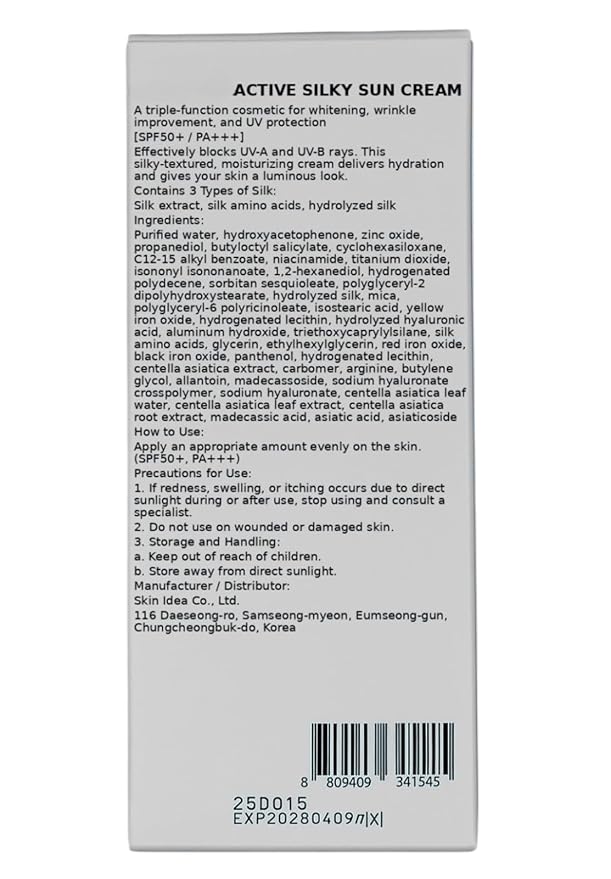 Active Silky Sun Cream 50 ml / 1.69 fl oz SPF50+ PA+++, Sun Cream for Face with Peptide and Silk